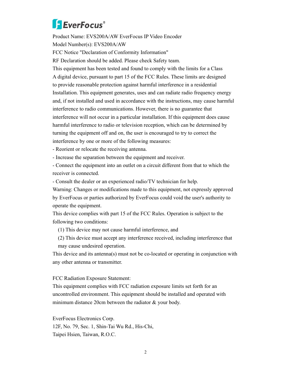 EverFocus EVS200A/AW User Manual | Page 2 / 51