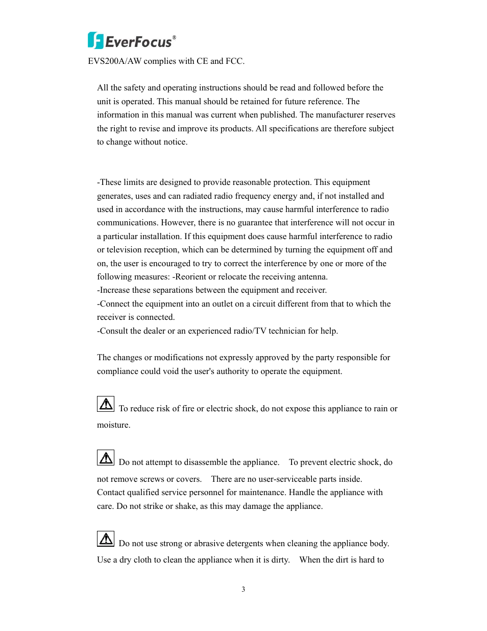 EverFocus EVS200A/AW User Manual | Page 3 / 51