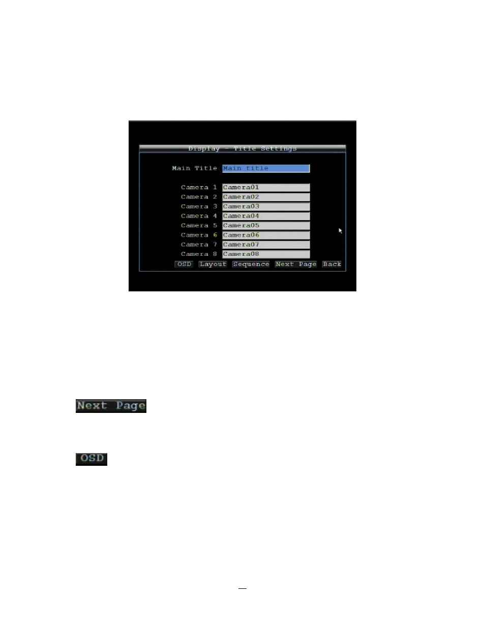 6 display, 1 title, 2 monitor on screen display | Isplay, Title, Monitor on screen display | EverFocus EMV1200 User Manual | Page 72 / 137