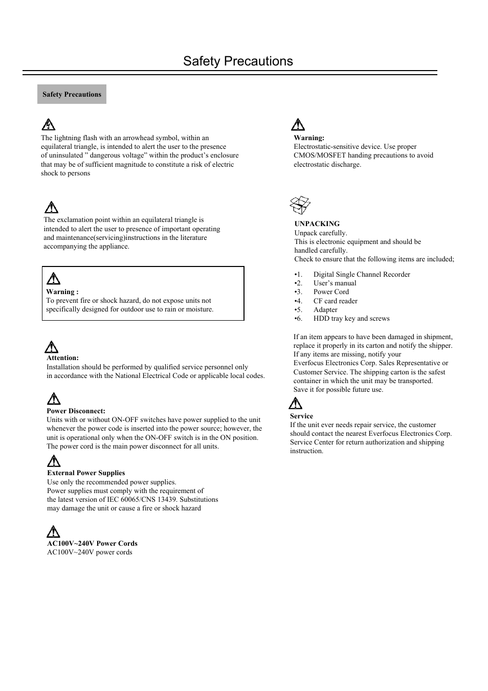 Safety precautions | EverFocus DVR-100H User Manual | Page 4 / 55