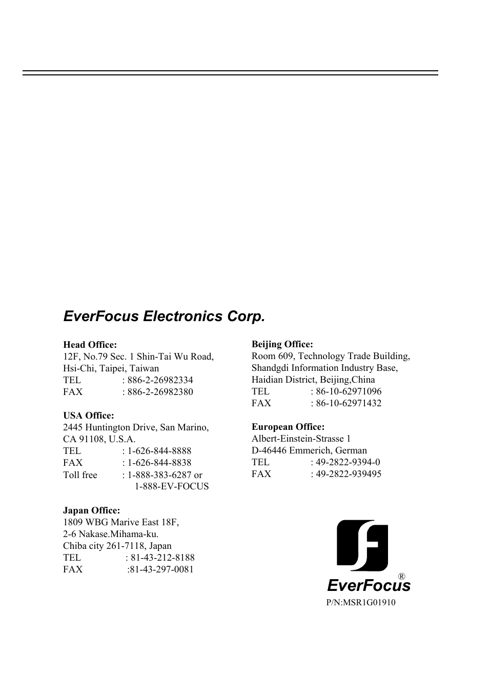 Everfocus, Everfocus electronics corp | EverFocus DVR-100H User Manual | Page 55 / 55