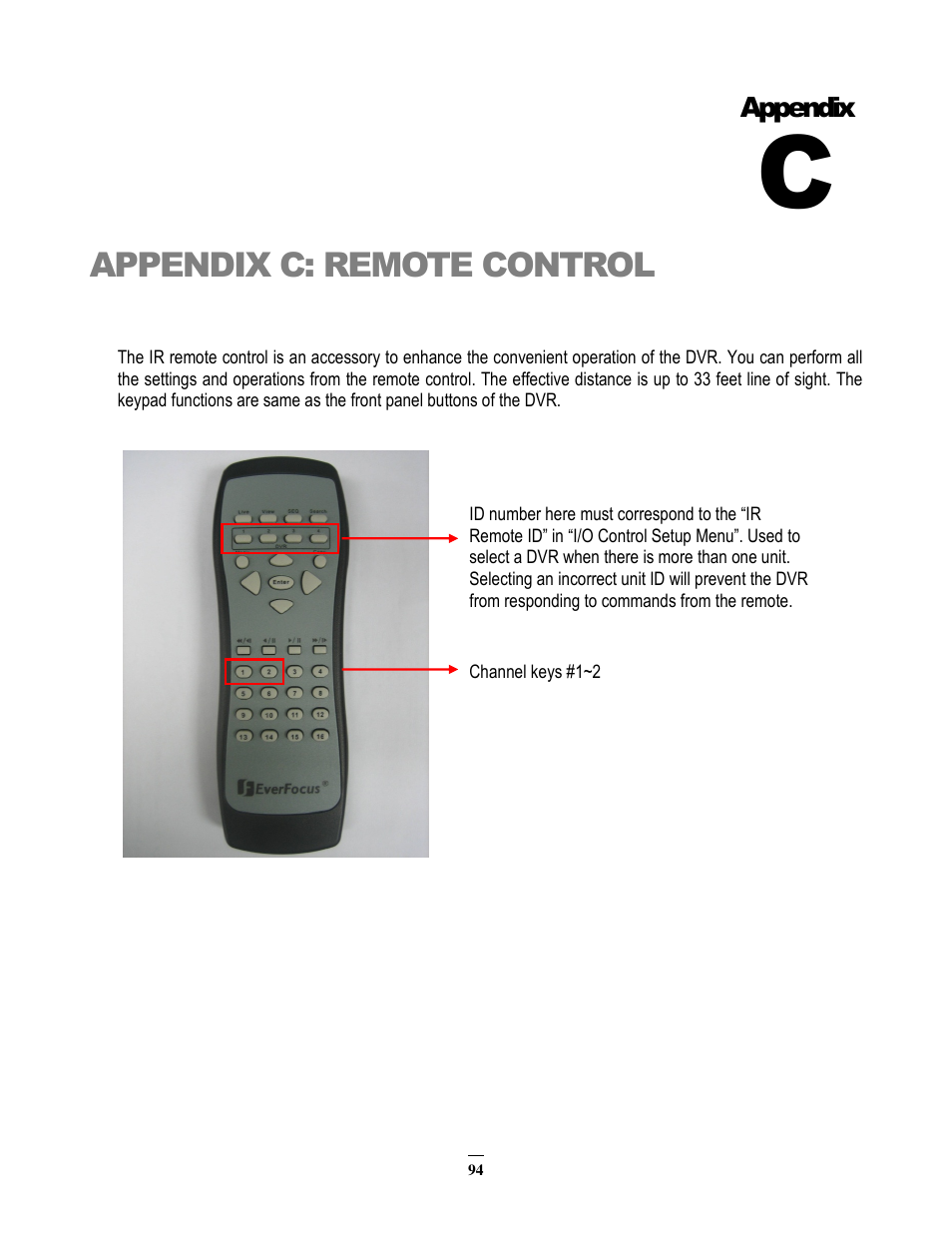 Appendix c: remote control, Appendix | EverFocus EMV200 User Manual | Page 101 / 102