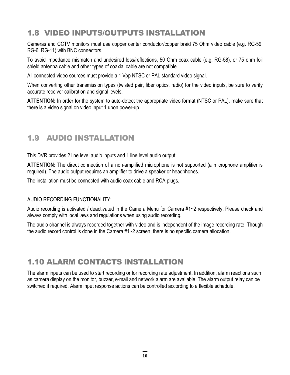 8 video inputs/outputs installation, 9 audio installation, 10 alarm contacts installation | EverFocus EMV200 User Manual | Page 17 / 102