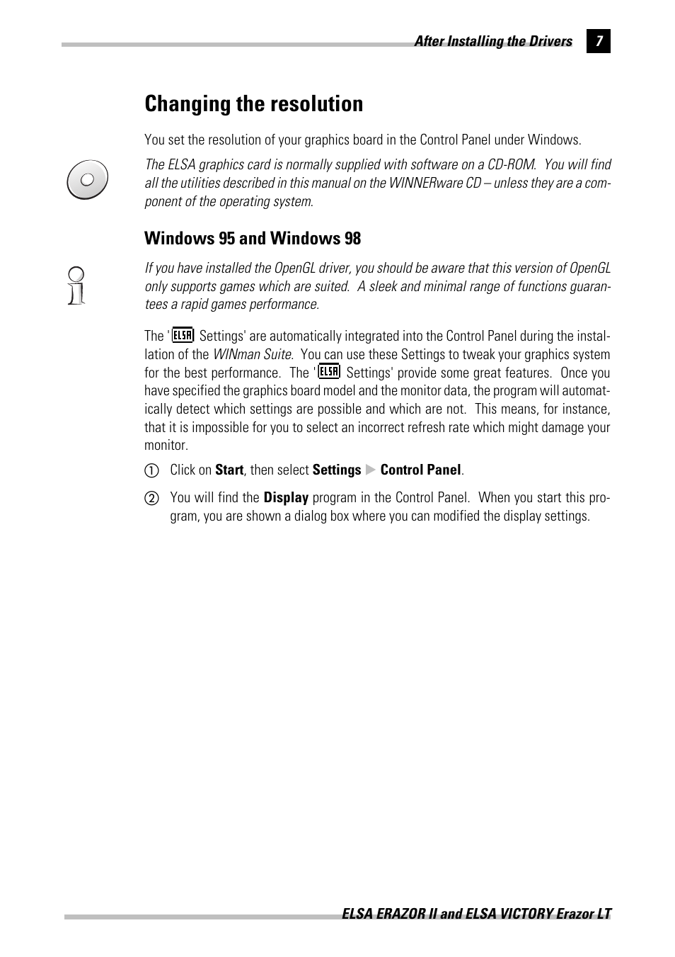 Changing the resolution, Windows 95 and windows98, Windows 95/98 | Windows 95 and windows 98 | ELSA Erazor II User Manual | Page 13 / 42