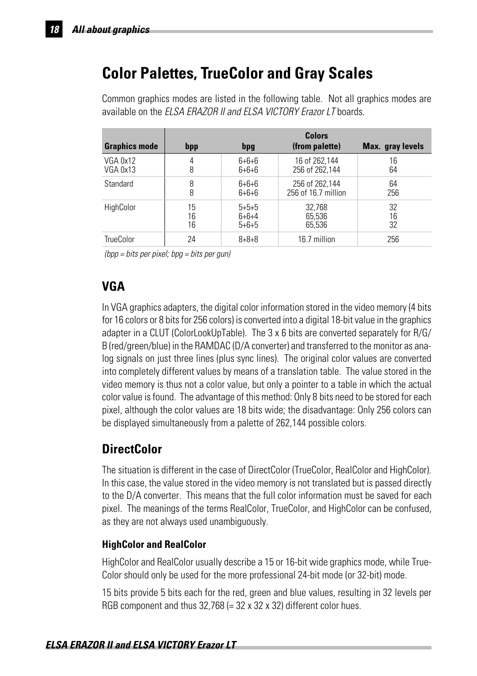 Color palettes, truecolor and gray scales, Directcolor, Vga directcolor | ELSA Erazor II User Manual | Page 24 / 42