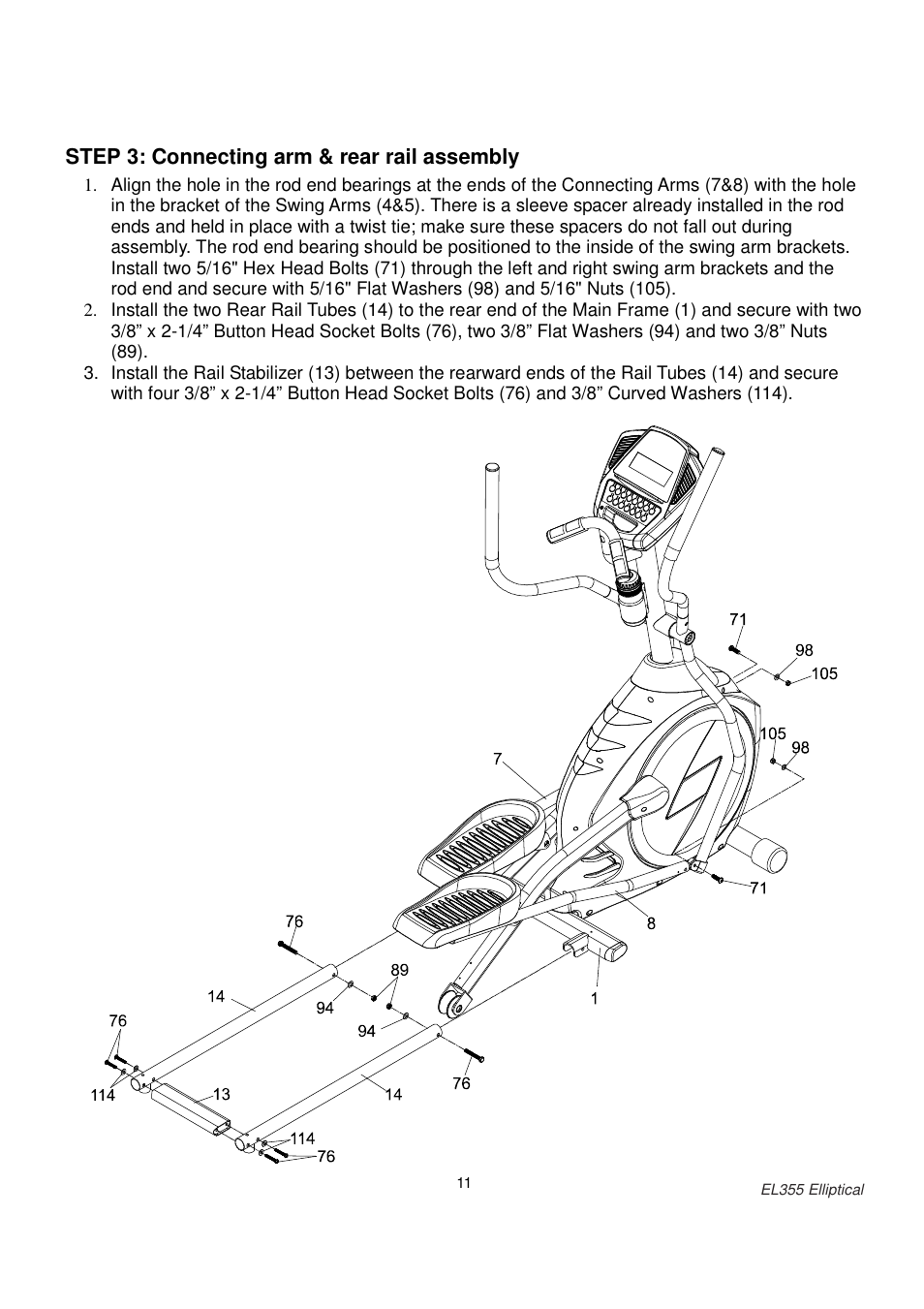 Step 3: connecting arm & rear rail assembly | ESPRIT EL355 User Manual | Page 12 / 21