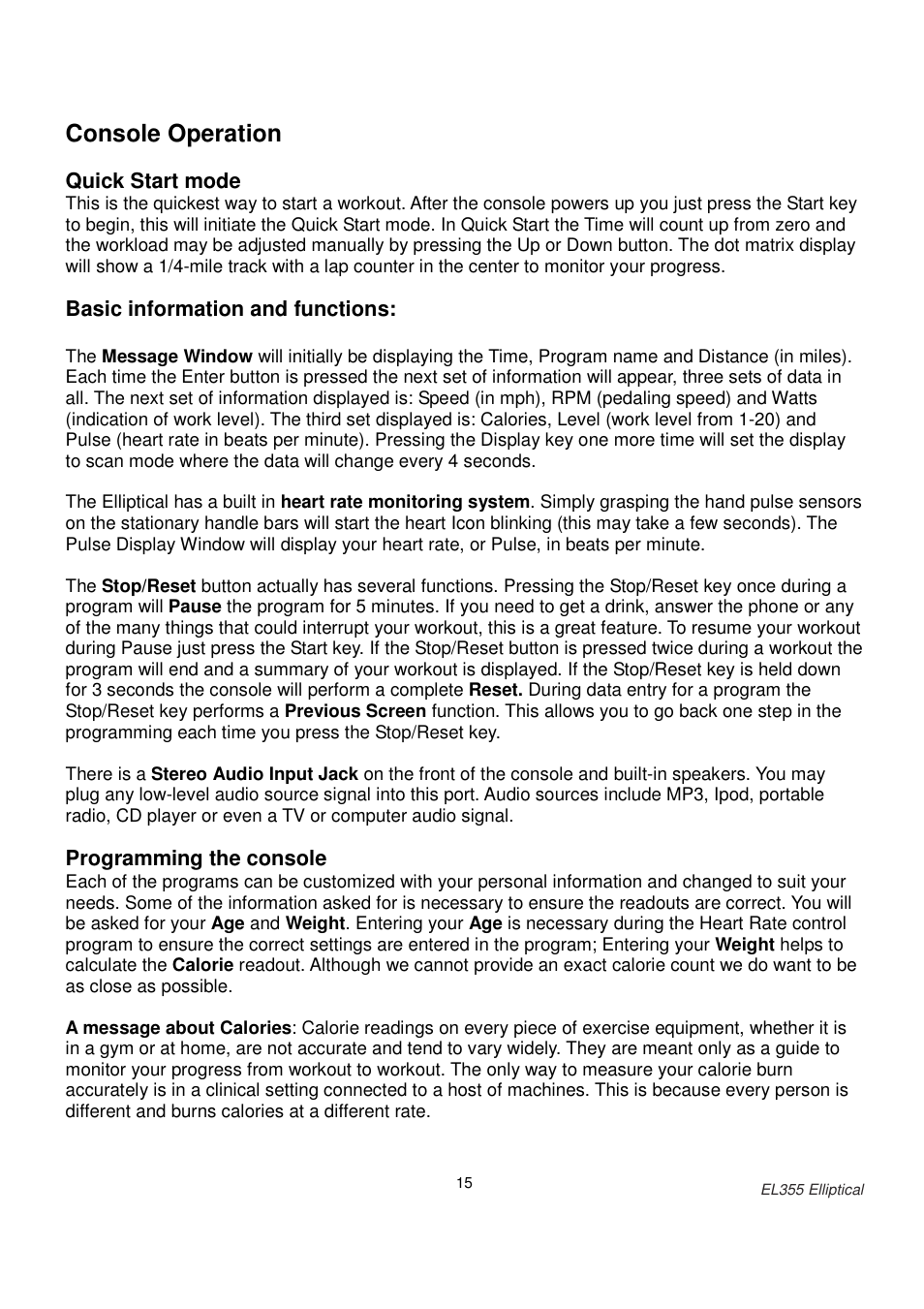 Console operation | ESPRIT EL355 User Manual | Page 16 / 21