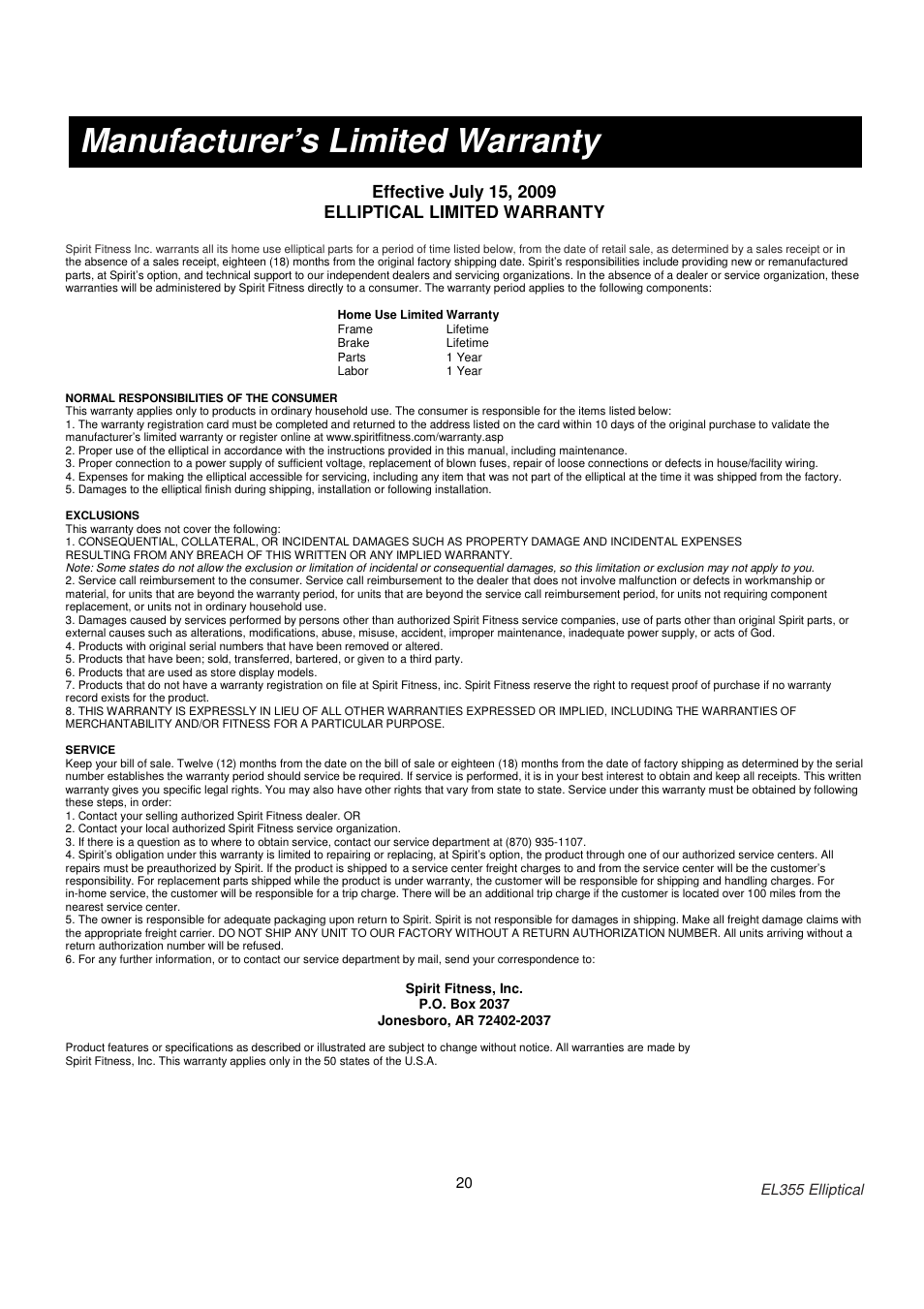 Manufacturer’s limited warranty | ESPRIT EL355 User Manual | Page 21 / 21
