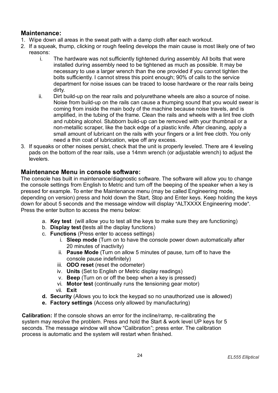 Maintenance, Maintenance menu in console software | ESPRIT EL555 User Manual | Page 25 / 26