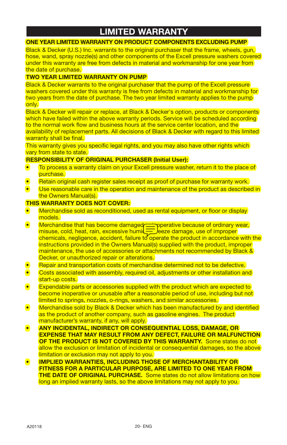 Limited warranty | Excello Products Company XC2800 User Manual | Page 20 / 60