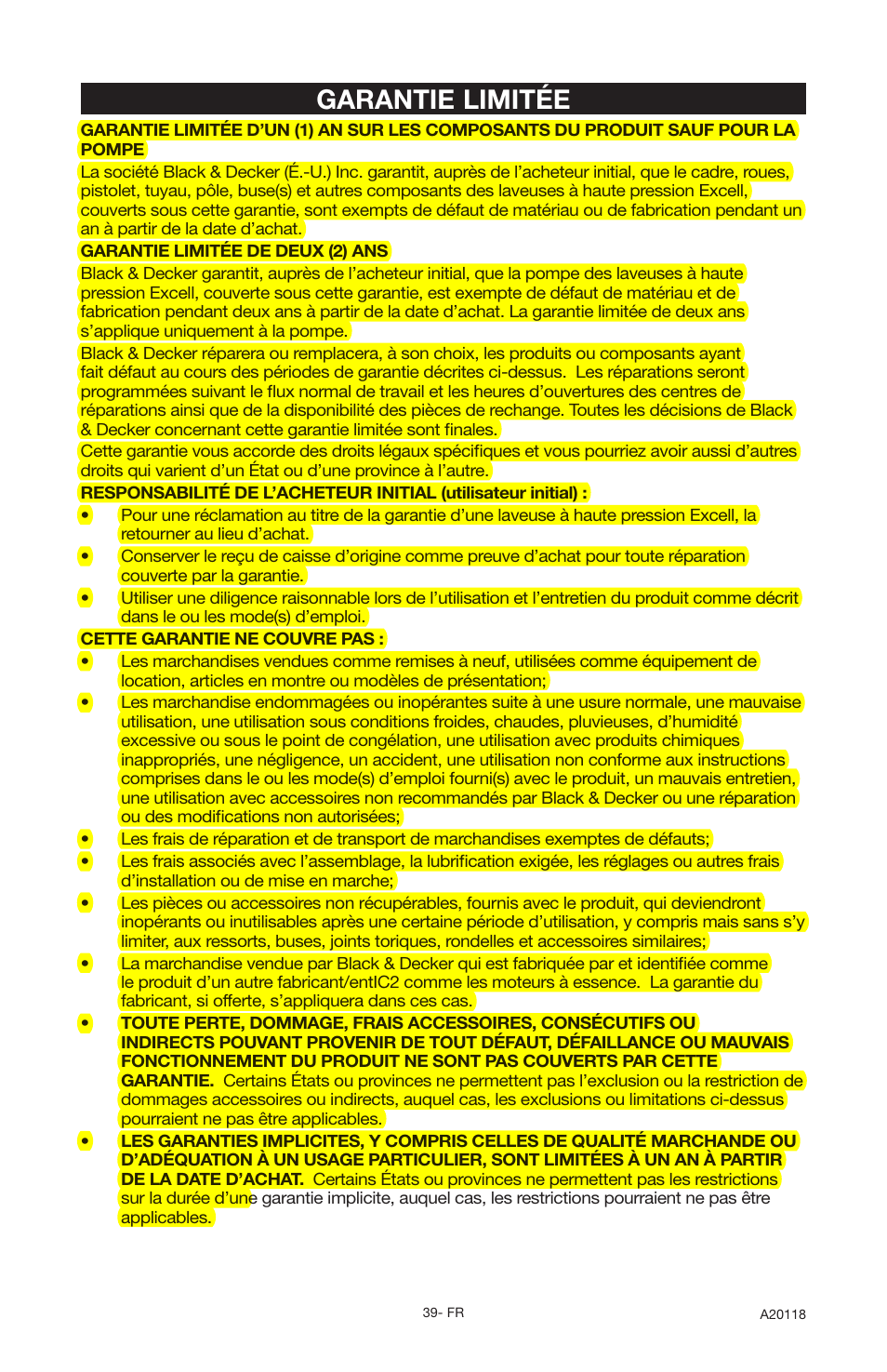 Garantie limitée | Excello Products Company XC2800 User Manual | Page 39 / 60