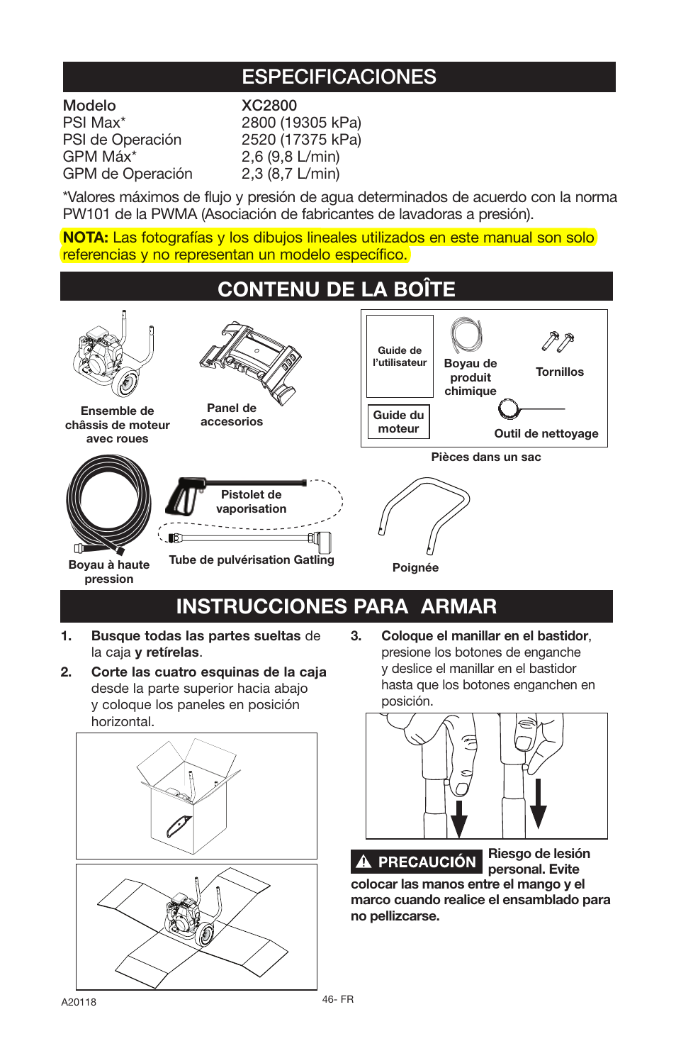 Contenu de la boîte instrucciones para armar, Especificaciones | Excello Products Company XC2800 User Manual | Page 46 / 60