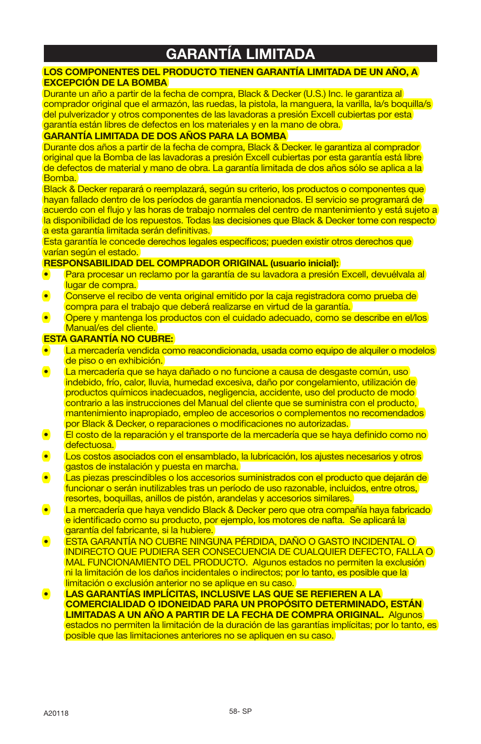 Garantía limitada | Excello Products Company XC2800 User Manual | Page 58 / 60