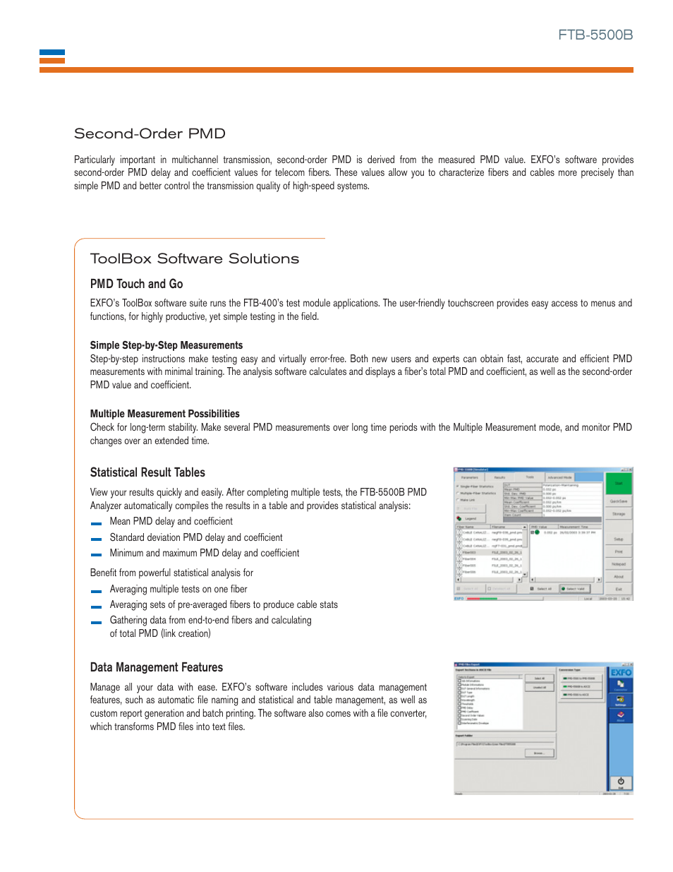 Second-order pmd, Ftb-5500b toolbox software solutions | EXFO Photonic Solutions Div. PMD Analyzer 5500B User Manual | Page 3 / 4