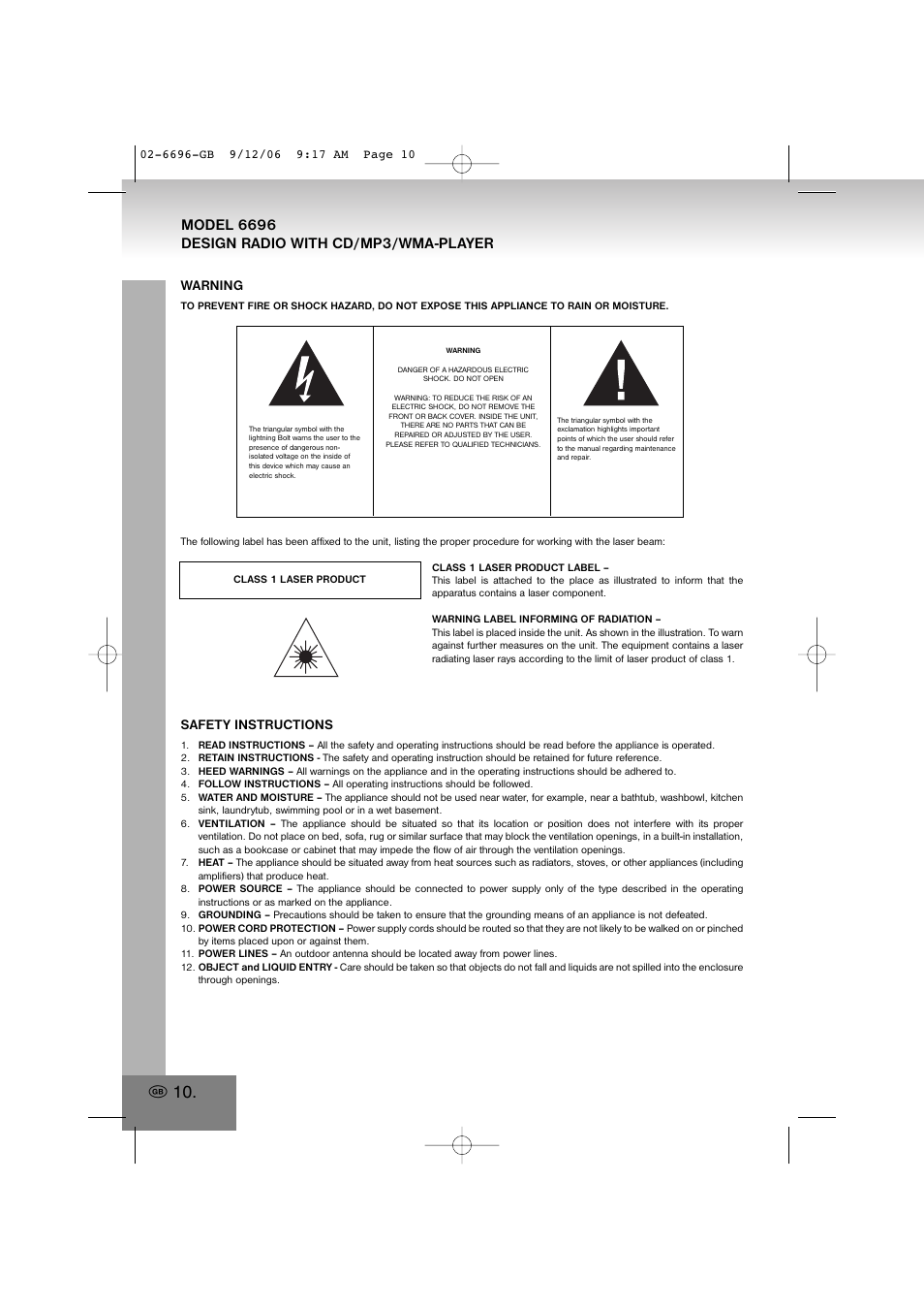 6696.pdf, Warning, Safety instructions | Elta 6696 User Manual | Page 10 / 90