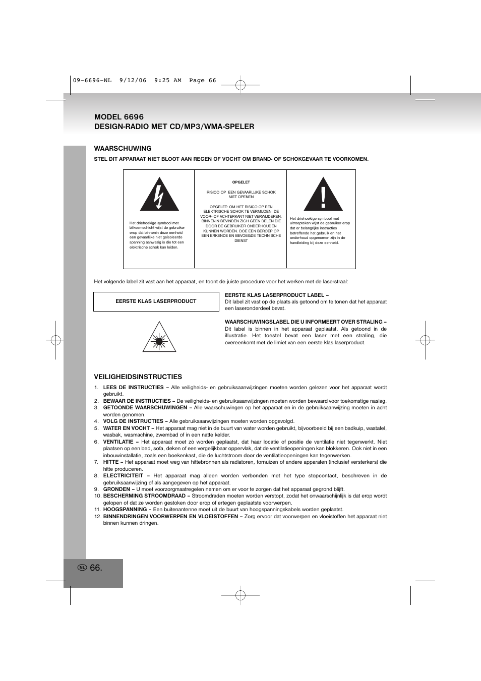 6696.pdf, Waarschuwing, Veiligheidsinstructies | Elta 6696 User Manual | Page 66 / 90