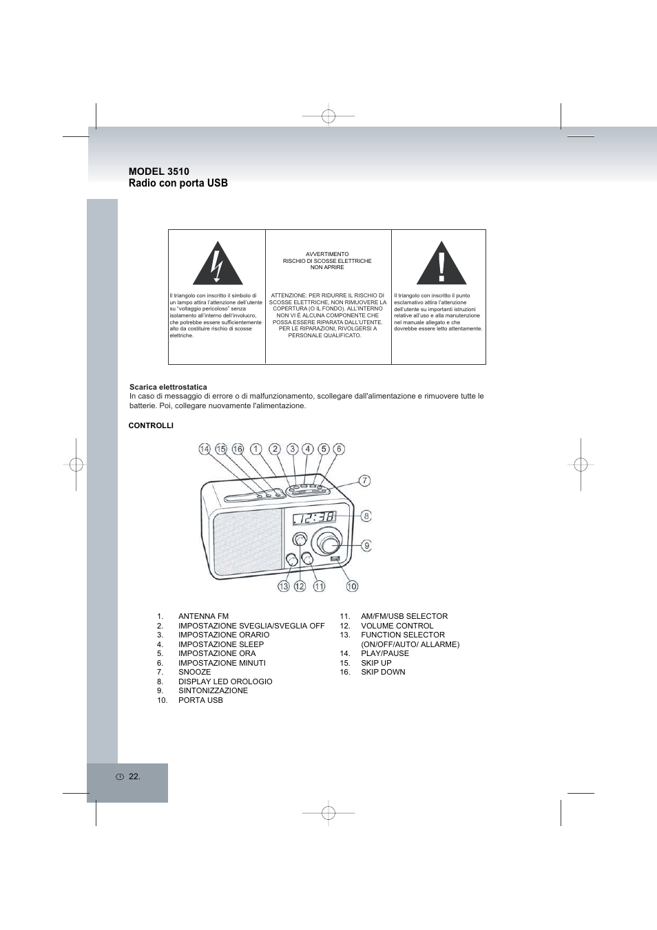 Radio con porta usb, Model 3510 | Elta 3510 User Manual | Page 22 / 56