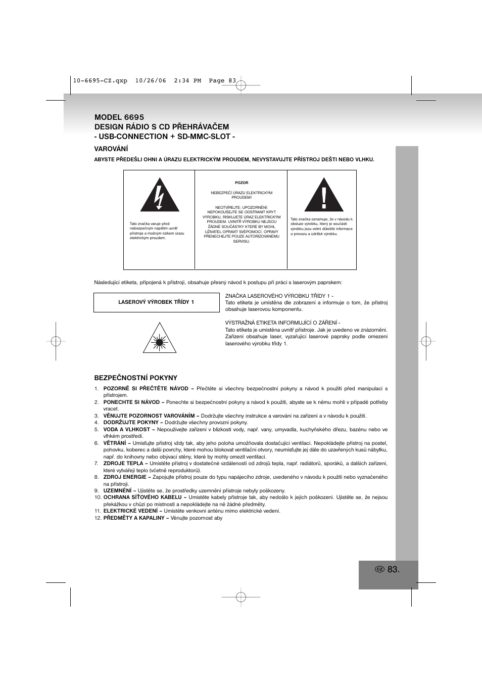 6695.pdf, Varování, Bezpečnostní pokyny | Elta 6695 User Manual | Page 83 / 101