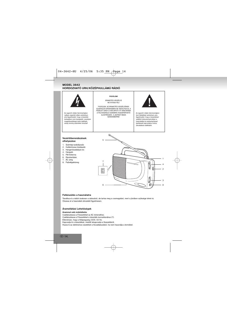 3642-hu.pdf, Model 3642 hordozható urh/középhullámú rádió | Elta 3642 User Manual | Page 14 / 46