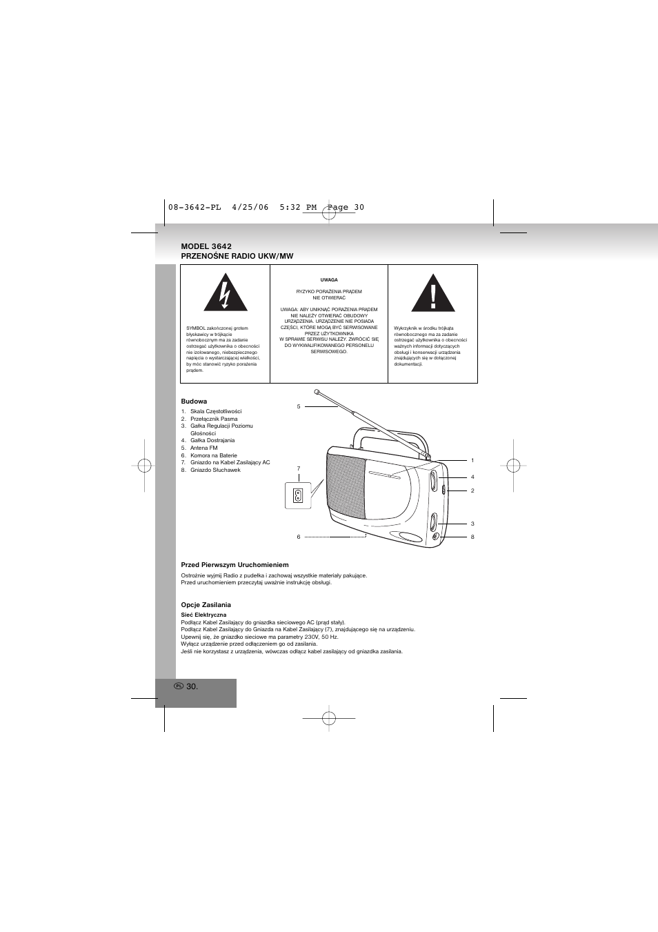 3642-pl.pdf, Model 3642 przenośne radio ukw/mw | Elta 3642 User Manual | Page 30 / 46
