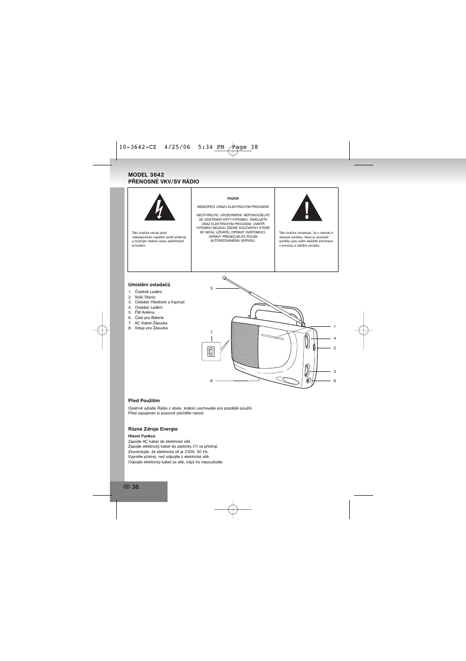 3642-cz.pdf, Model 3642 přenosné vkv/sv rádio | Elta 3642 User Manual | Page 38 / 46