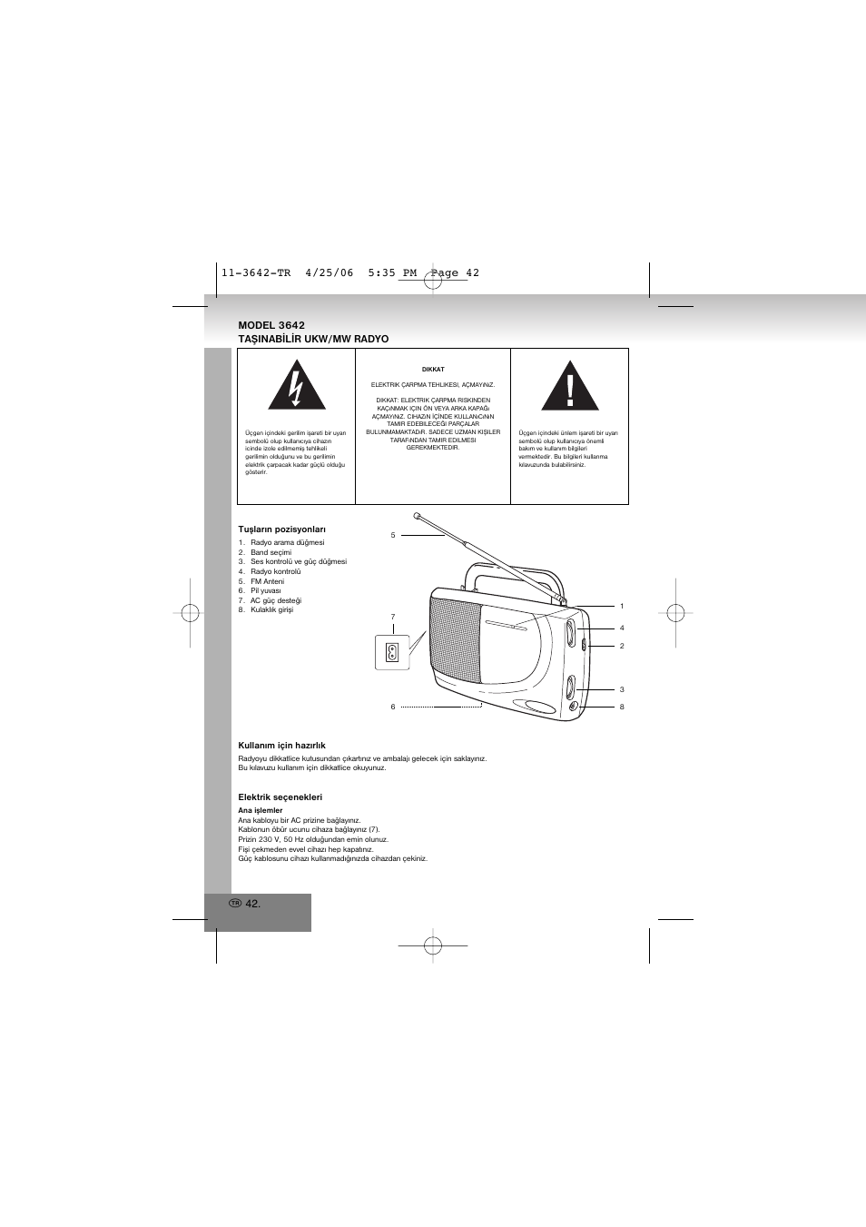 3642-tr.pdf, Model 3642 taþinabýlýr ukw/mw radyo | Elta 3642 User Manual | Page 42 / 46