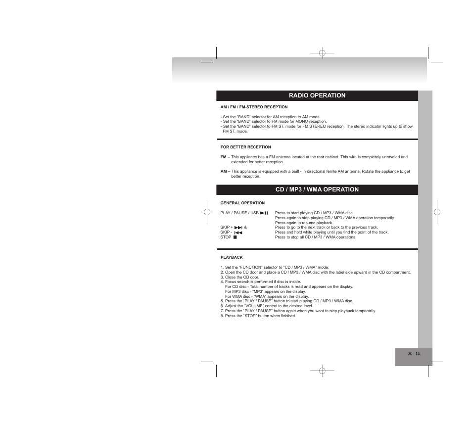 Cd / mp3 / wma operation, Radio operation | Elta 2309 User Manual | Page 14 / 72