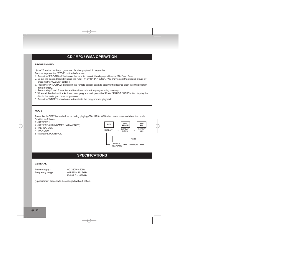 Cd / mp3 / wma operation, Specifications | Elta 2309 User Manual | Page 15 / 72