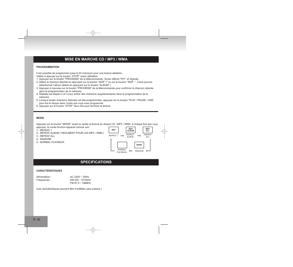 Mise en marche cd / mp3 / wma, Specifications | Elta 2309 User Manual | Page 22 / 72