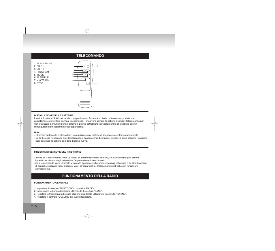 Telecomando, Funzionamento della radio | Elta 2309 User Manual | Page 34 / 72