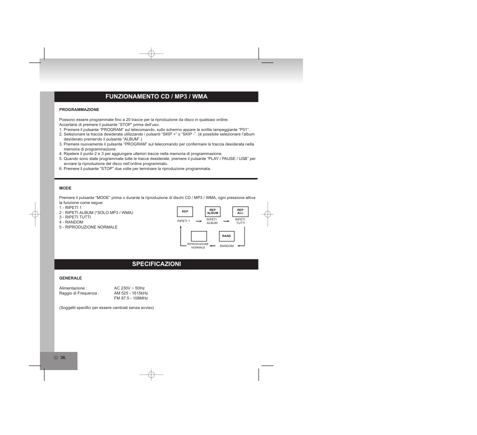 Funzionamento cd / mp3 / wma, Specificazioni | Elta 2309 User Manual | Page 36 / 72