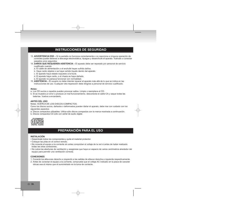 Instrucciones de seguridad, Preparación para el uso | Elta 2309 User Manual | Page 39 / 72