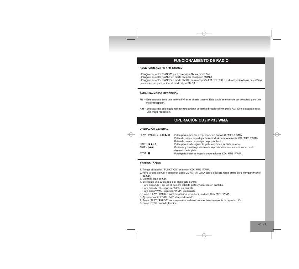 Operación cd / mp3 / wma, Funcionamiento de radio | Elta 2309 User Manual | Page 42 / 72