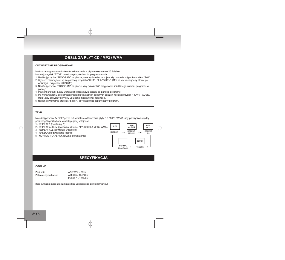 Obsługa płyt cd / mp3 / wma, Specyfikacja | Elta 2309 User Manual | Page 57 / 72