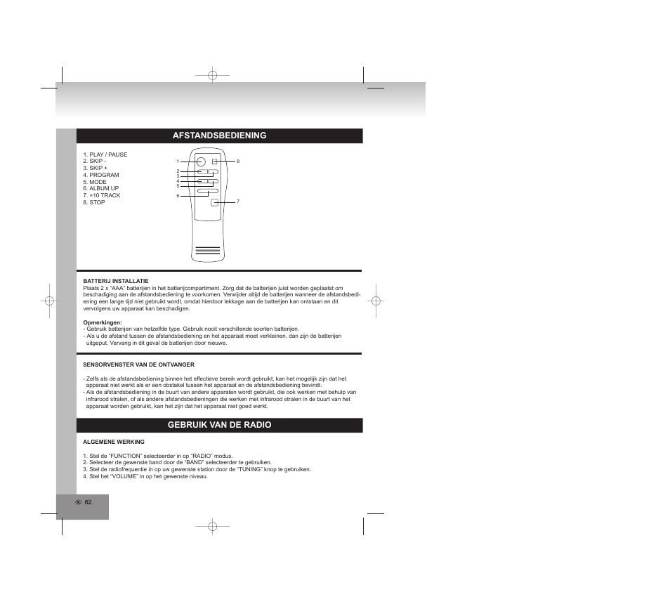 Afstandsbediening, Gebruik van de radio | Elta 2309 User Manual | Page 62 / 72
