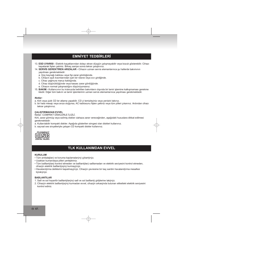 Emniyet tedbirleri, Ýlk kullanimdan evvel | Elta 2309 User Manual | Page 67 / 72