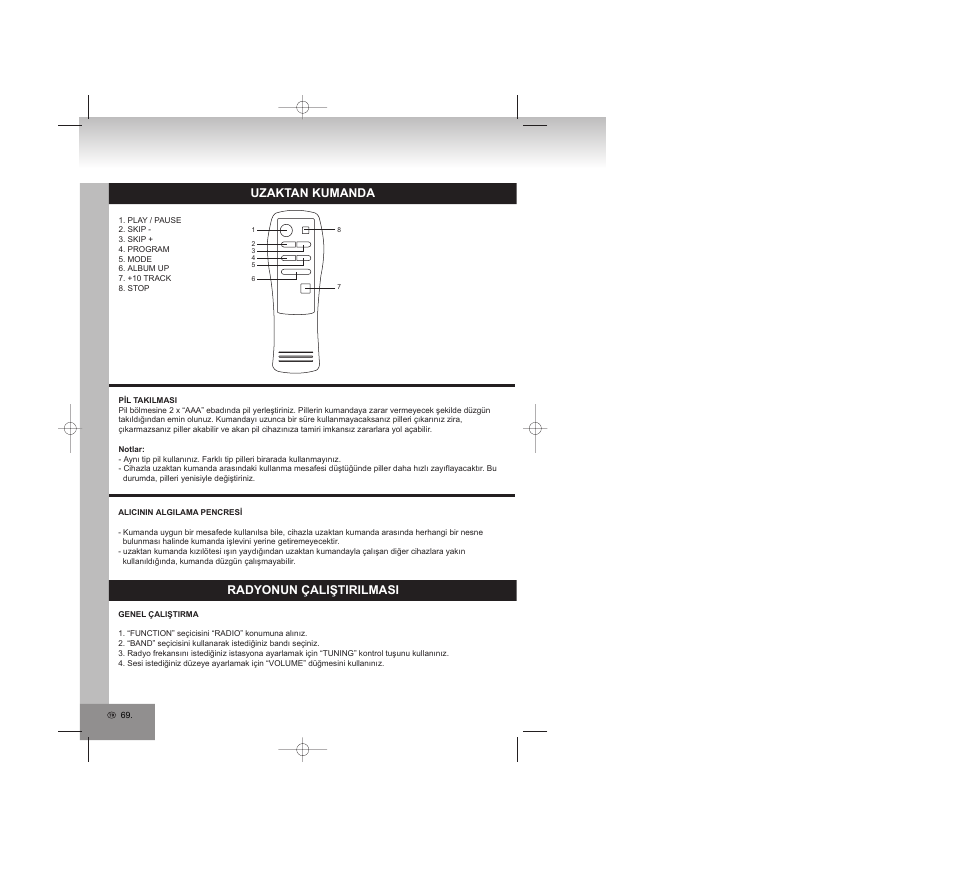 Uzaktan kumanda, Radyonun çaliştirilmasi | Elta 2309 User Manual | Page 69 / 72