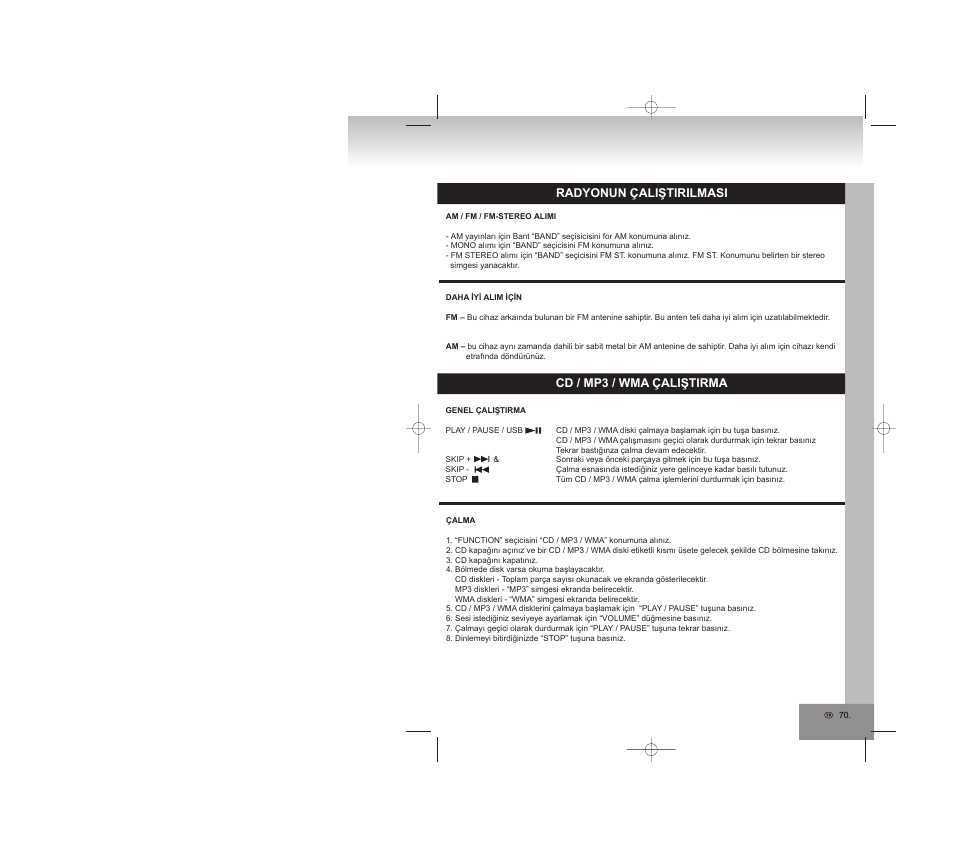 Cd / mp3 / wma çaliştirma, Radyonun çaliştirilmasi | Elta 2309 User Manual | Page 70 / 72
