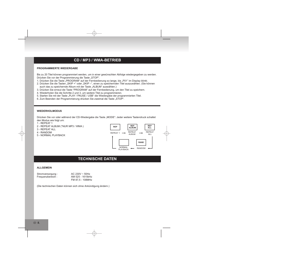 Cd / mp3 / wma-betrieb, Technische daten | Elta 2309 User Manual | Page 8 / 72