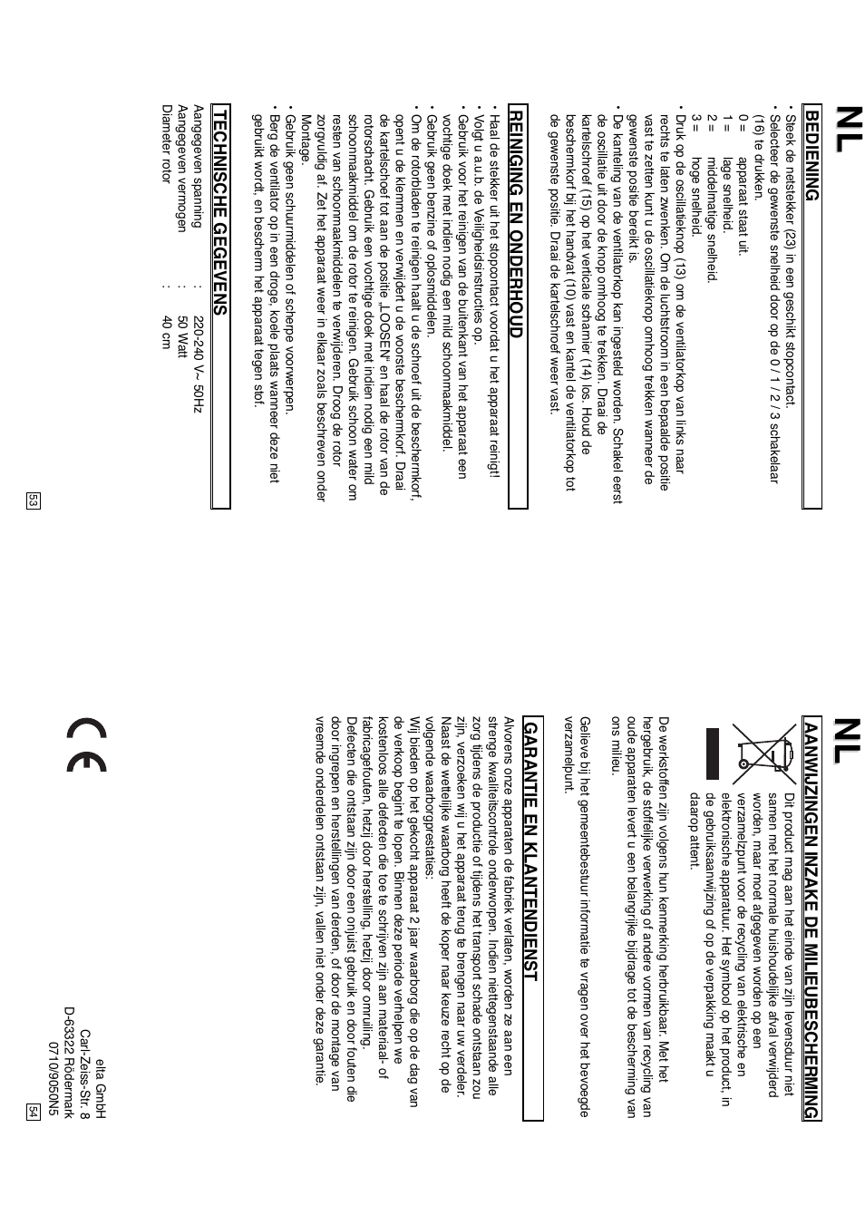 Bediening, Reiniging en onderhoud, Technische gegevens | Aanwijzingen inzake de milieubescherming, Garantie en klantendienst | Elta 9050N5 User Manual | Page 28 / 42