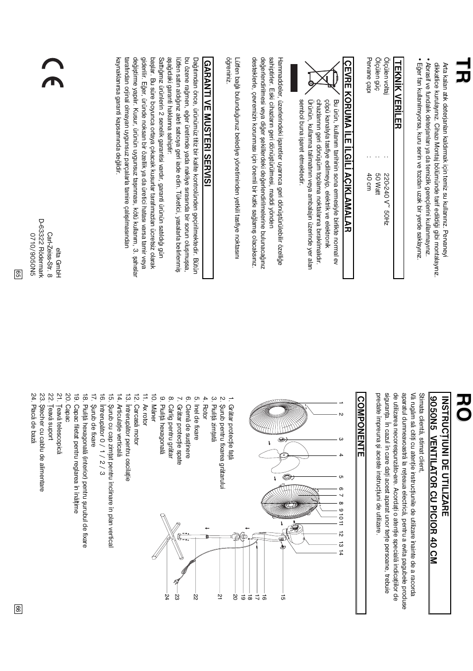 Teknýk verýler, Çevre koruma ýle ýlgýlý açiklamalar, Garanti ve musteri servisi | Componente | Elta 9050N5 User Manual | Page 34 / 42