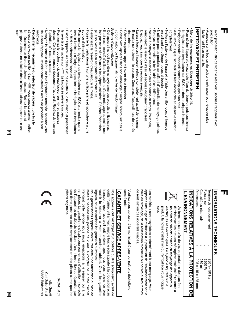 Nett oy age et entretien, Informa tions techniques, Garantie et ser vice apres-vente | Elta DB151 User Manual | Page 10 / 42