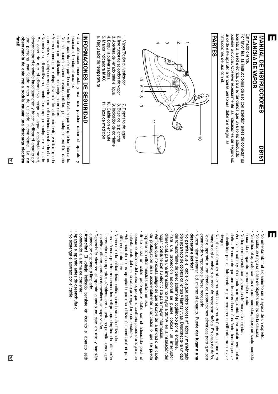 Manual de instrucciones db151 plancha de v apor, Partes informaciones de seguridad | Elta DB151 User Manual | Page 17 / 42