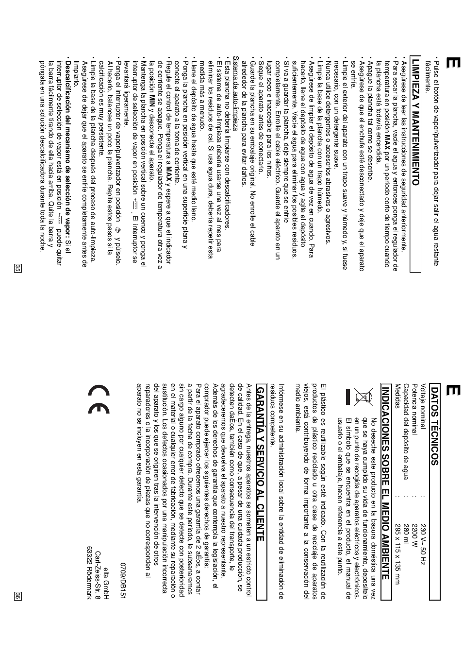 Limpieza y mantenimient o, Da t os técnicos, Indicaciones sobre el medio ambiente | Garantía y ser vicio al cliente | Elta DB151 User Manual | Page 19 / 42