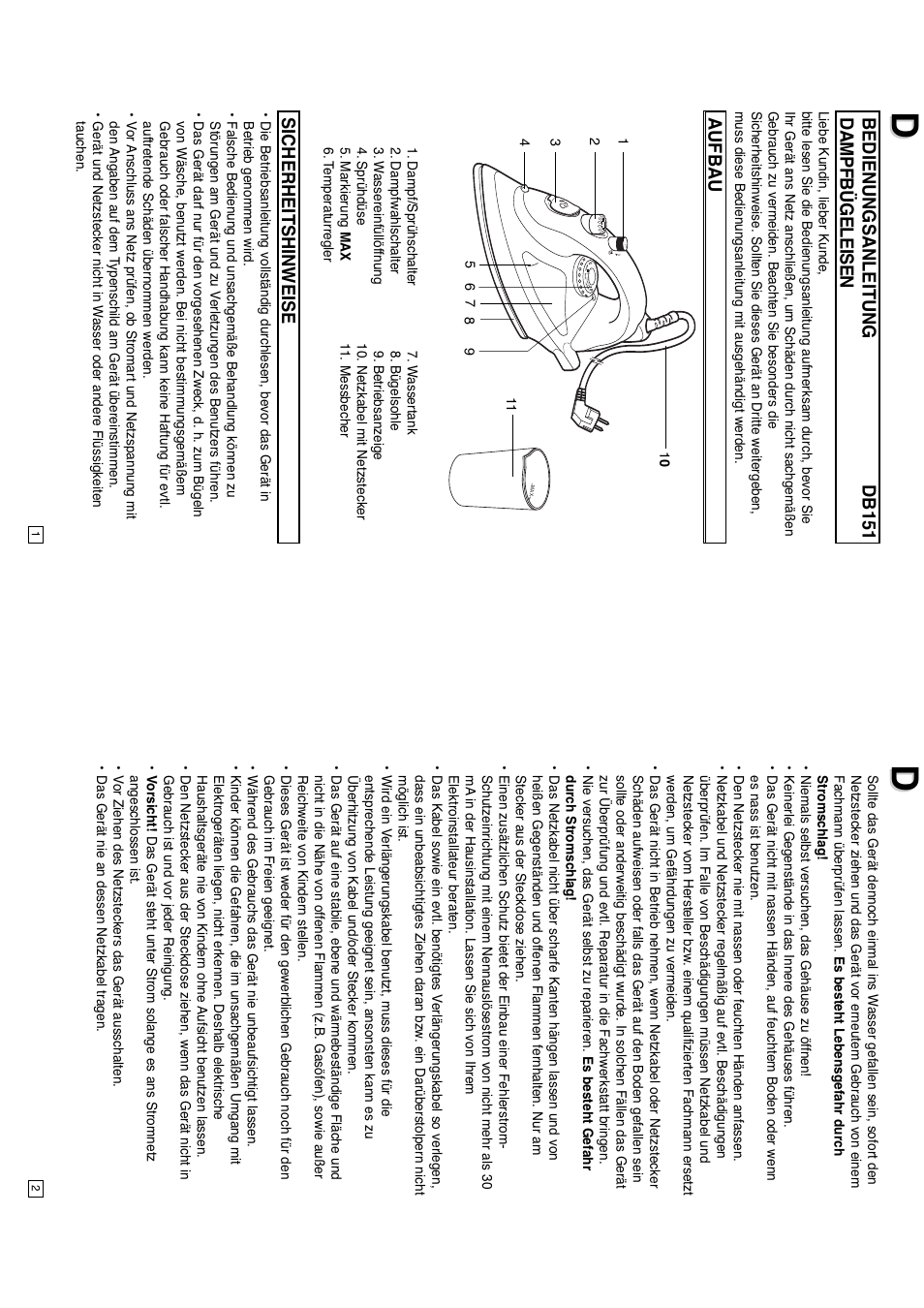 Bedienungsanleitung db151 dampfbügeleisen, Aufbau sicherheitshinweise | Elta DB151 User Manual | Page 2 / 42