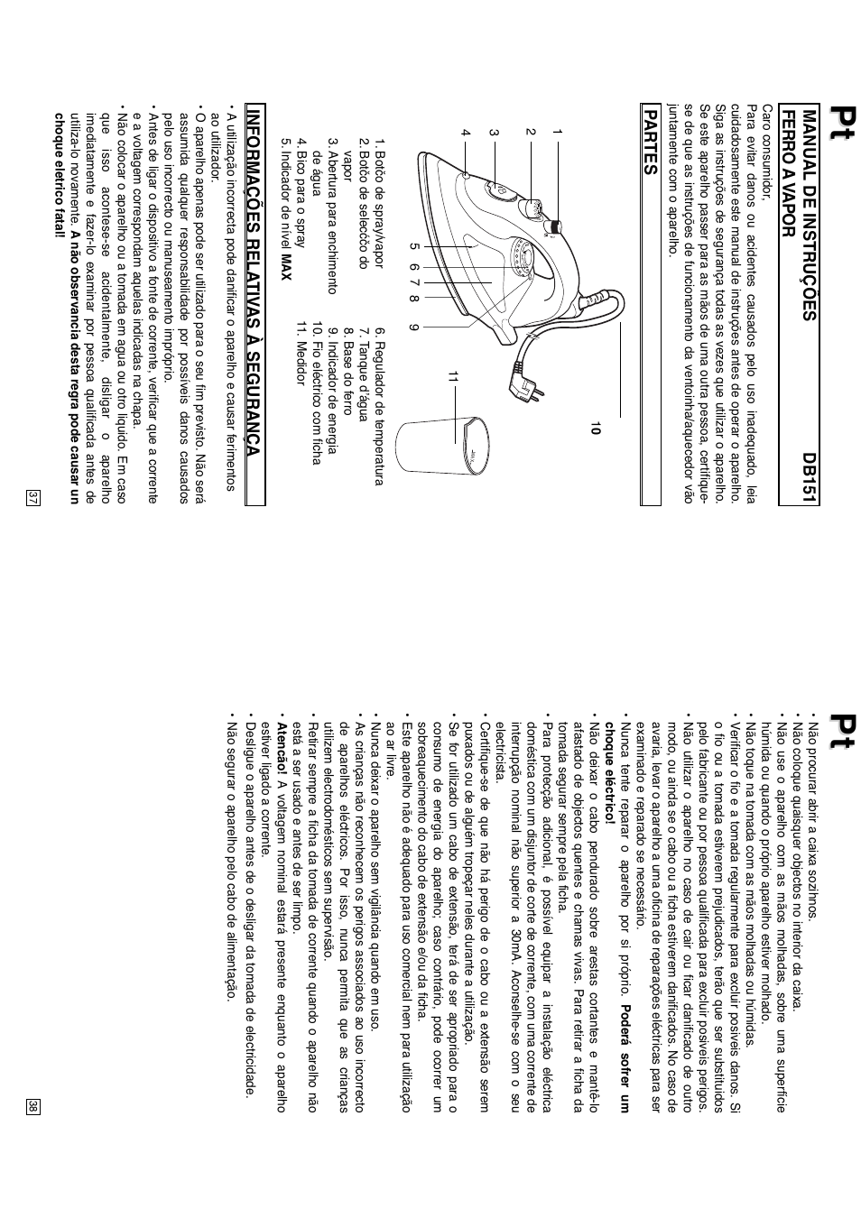 Manual de instruções db151 ferro a v apor, Partes informações rela tiv as à segurança | Elta DB151 User Manual | Page 20 / 42
