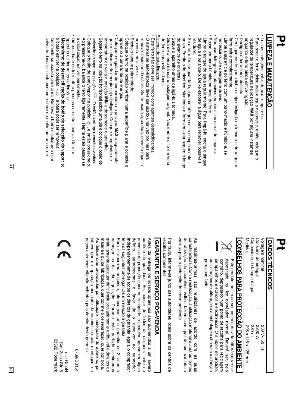 Limpeza e manutenção, Dados técnicos, Conselhos p ara protecção do ambiente | Garantia e ser viço pós-venda | Elta DB151 User Manual | Page 22 / 42