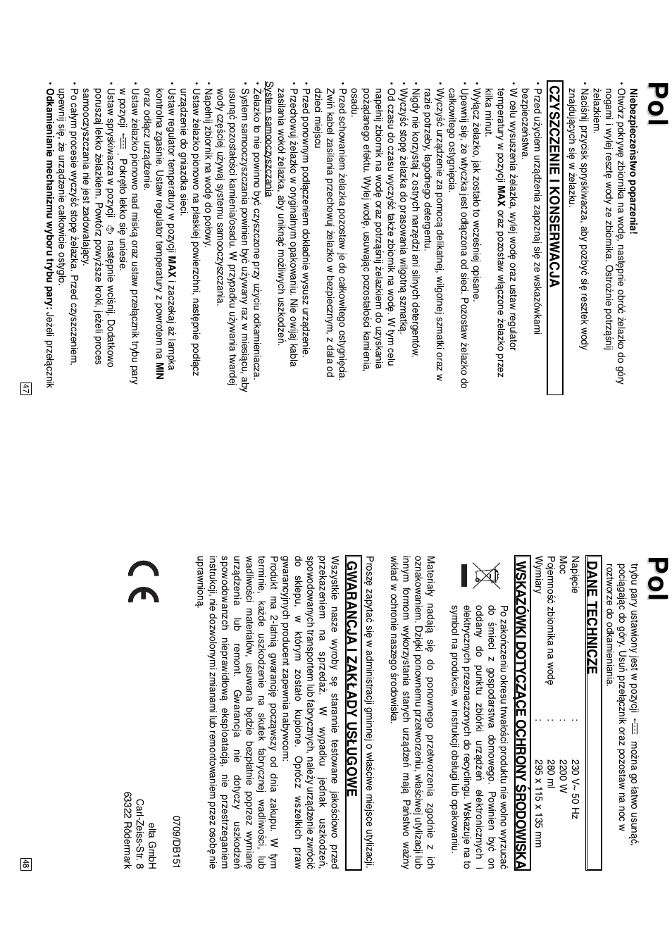Czyszczenie i konser w acja, Dane technicze, Wskazówki dotyczące ochrony środowiska | Gw arancja i zakłady usługowe | Elta DB151 User Manual | Page 25 / 42