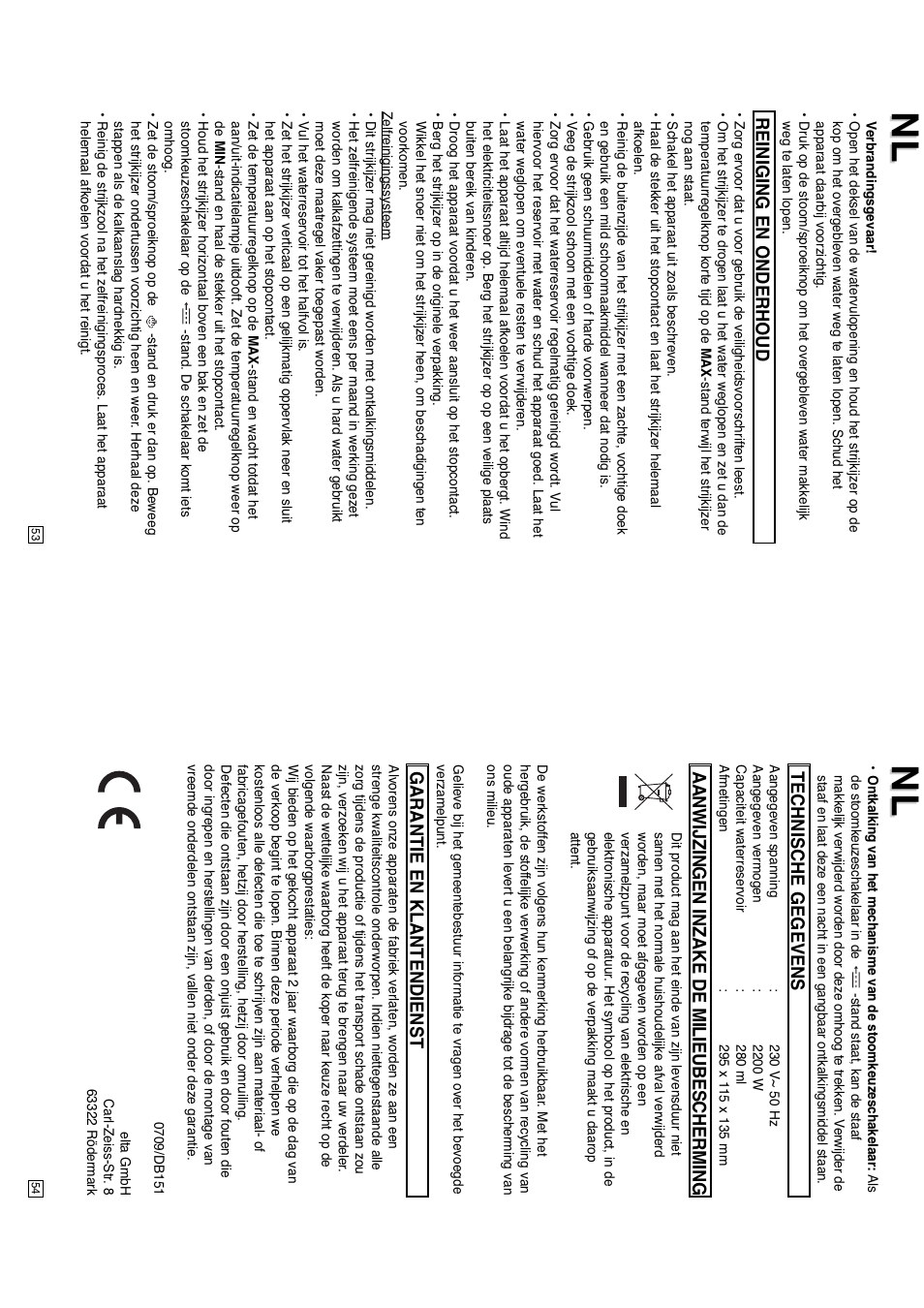 Reiniging en onderhoud, Technische gegevens, Aanwijzingen inzake de milieubescherming | Garantie en klantendienst | Elta DB151 User Manual | Page 28 / 42