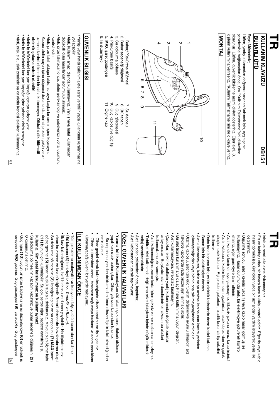 Kullanim klavuzu db151 buharli ütü, Montaj guvenlik bilgisi, Özel güvenlýk talýmatlari | Ýlk kullanimdan önce | Elta DB151 User Manual | Page 32 / 42